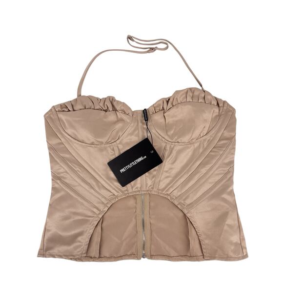 Pretty Little Things Corset Top Halter 8 Beige Front Cutout Zipper Ruffle Trim - Picture 1 of 8